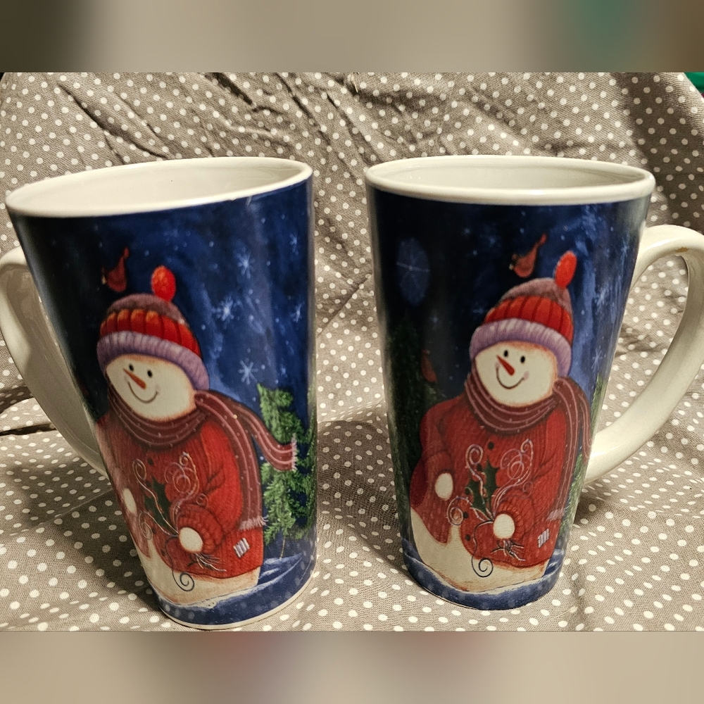Festive Snowman Ceramic Mugs - Blue & Red Holiday Design